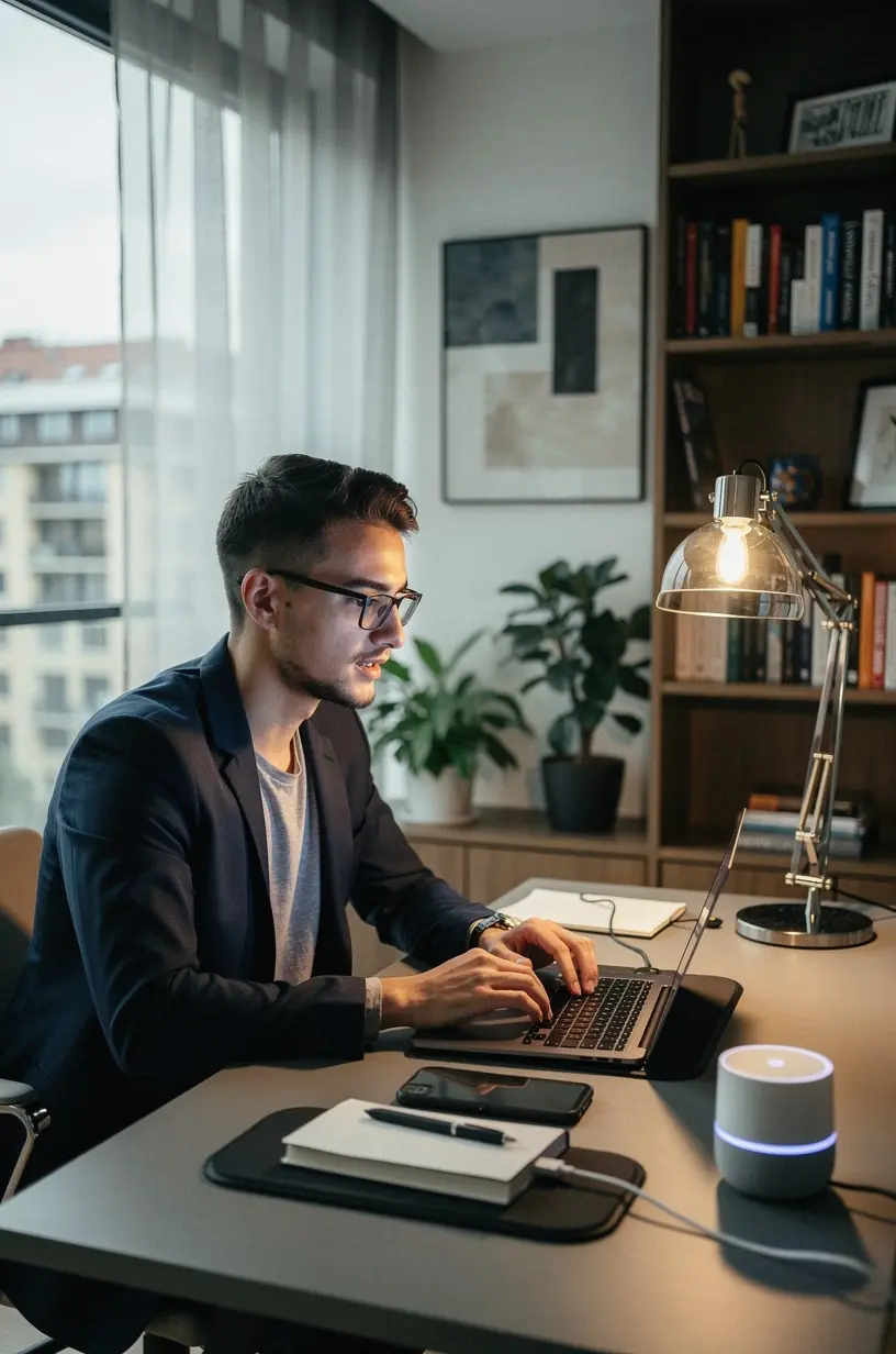 Tânăr profesionist în fața unui laptop, analizând date pentru optimizarea rutinei zilnice inteligente